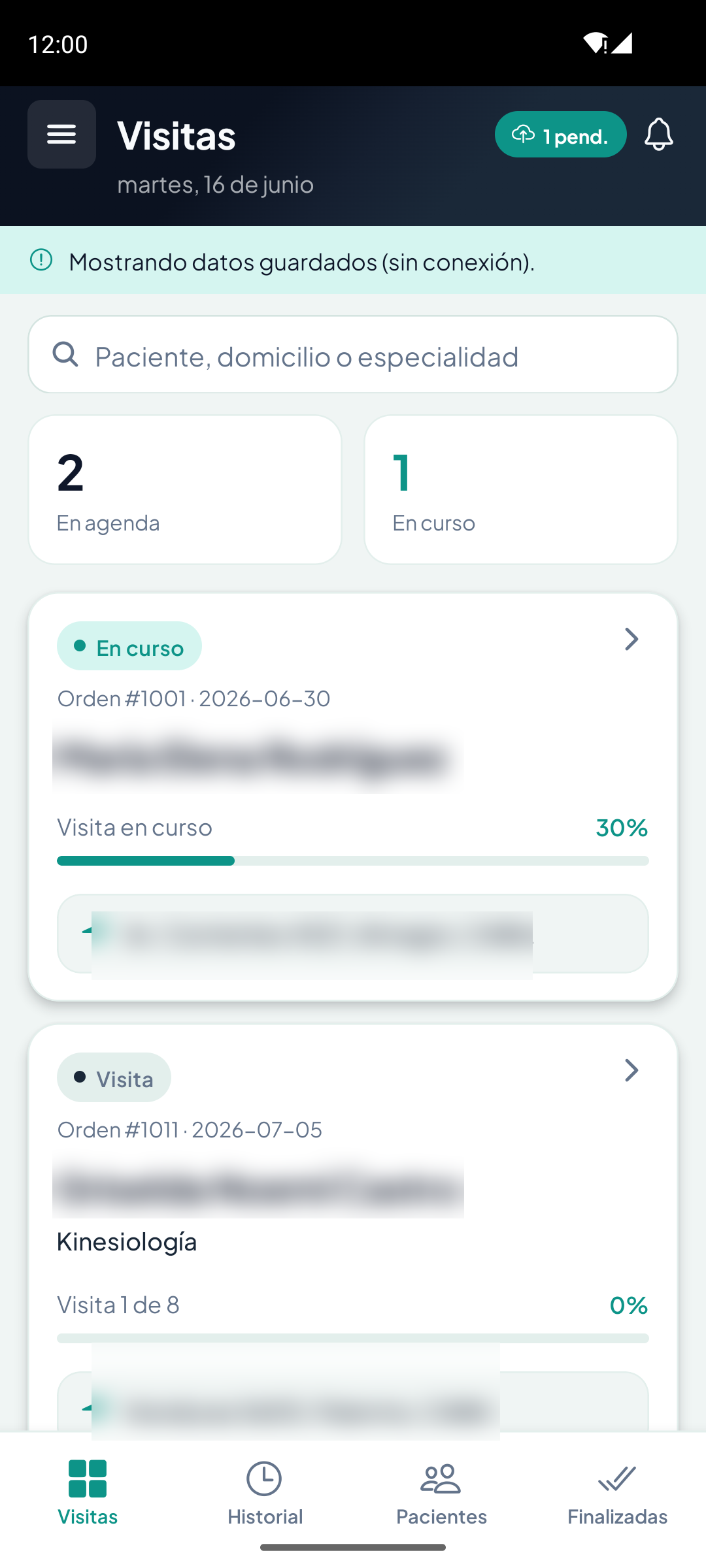 Agenda del día: visitas en agenda y en curso